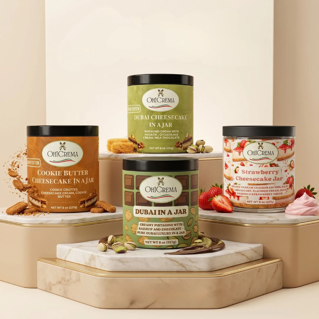 Oh! Crema Signature Bundle – 4 Gourmet Signature Jars | Dubai Pistachio, Cookie Butter, Strawberry & Chocolate