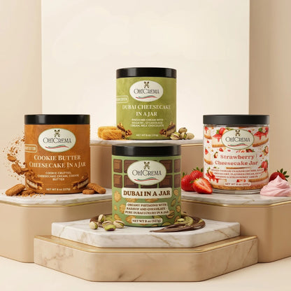 Oh! Crema Signature Bundle – 4 Gourmet Signature Jars | Dubai Pistachio, Cookie Butter, Strawberry & Chocolate