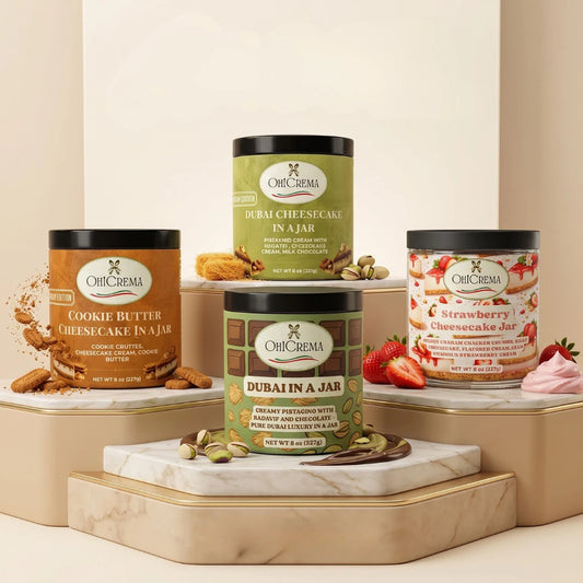 Oh! Crema Signature Bundle – 4 Gourmet Signature Jars | Dubai Pistachio, Cookie Butter, Strawberry & Chocolate