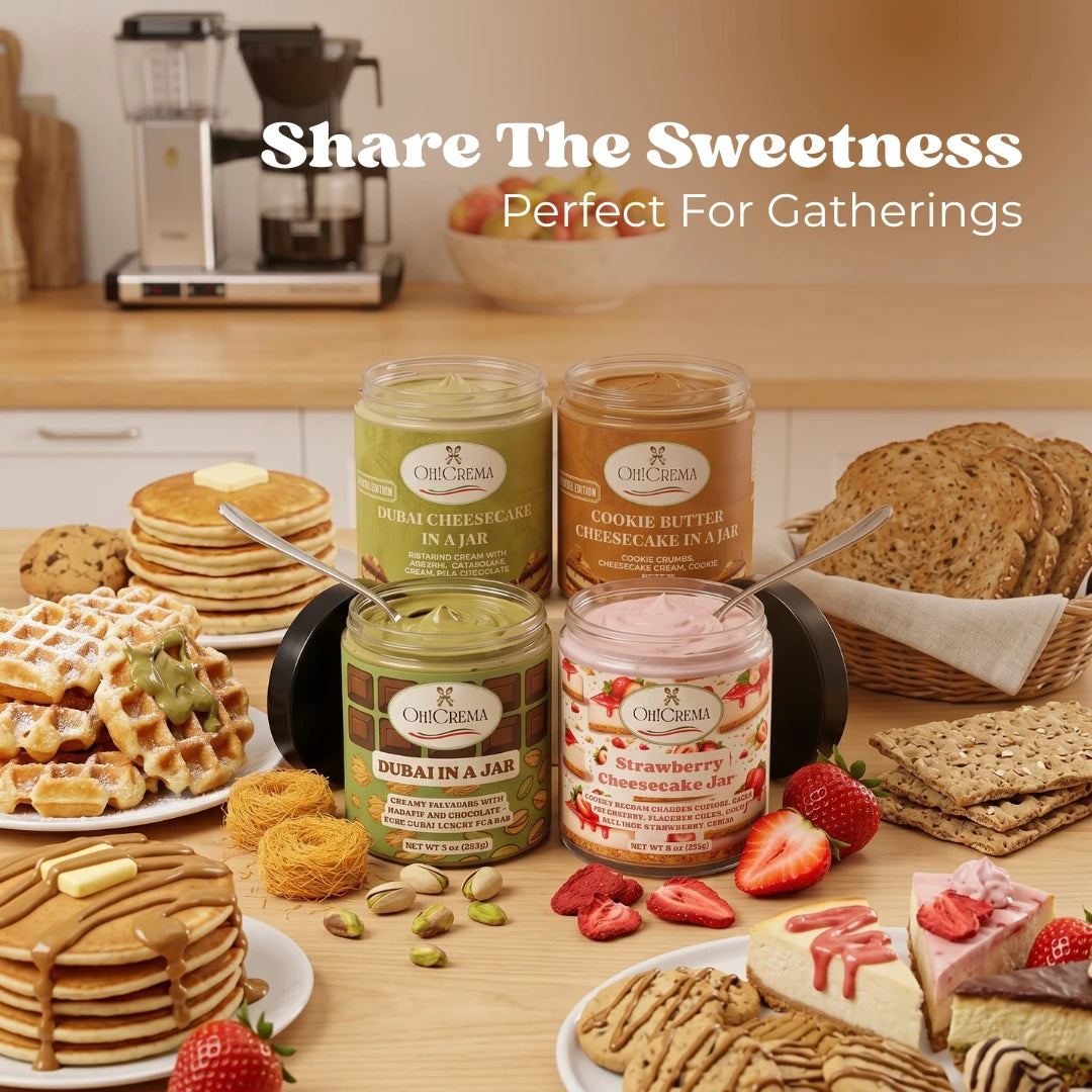 Oh! Crema Signature Bundle – 4 Gourmet Signature Jars | Dubai Pistachio, Cookie Butter, Strawberry & Chocolate