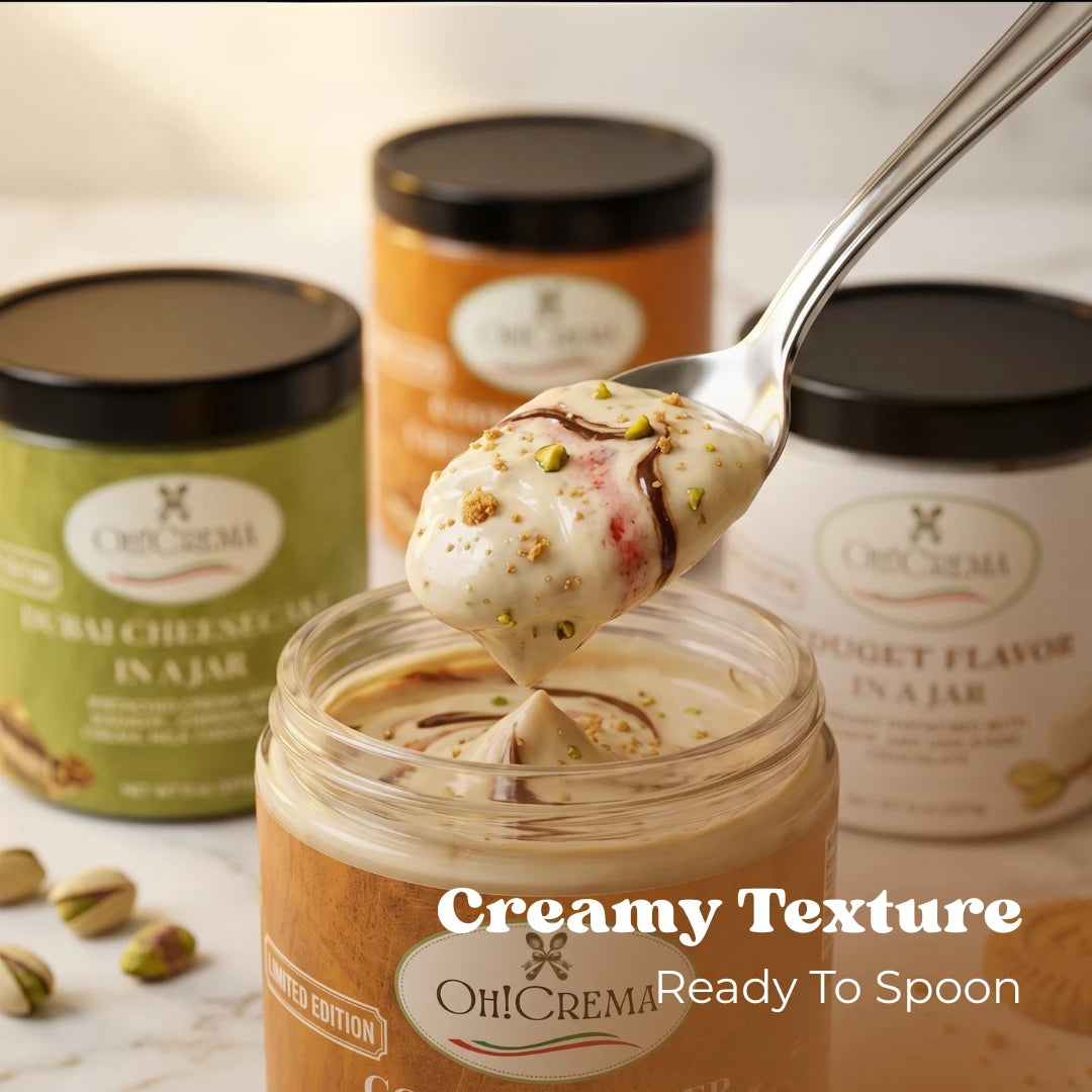 Oh! Crema Signature Bundle – 4 Gourmet Signature Jars | Dubai Pistachio, Cookie Butter, Strawberry & Chocolate