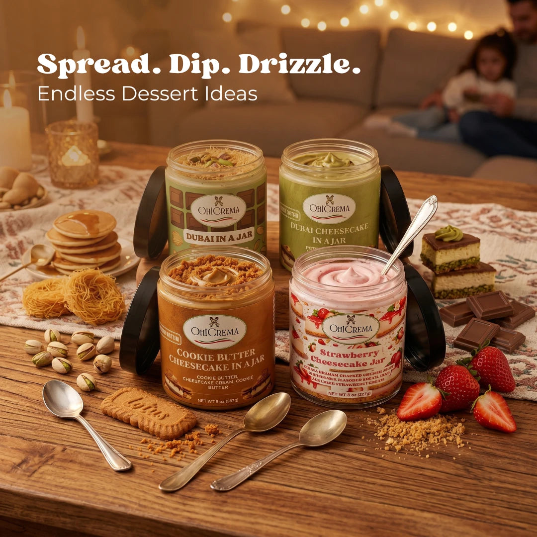 Oh! Crema Signature Bundle – 4 Gourmet Signature Jars | Dubai Pistachio, Cookie Butter, Strawberry & Chocolate