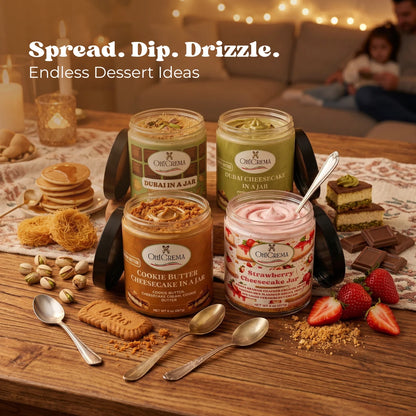 Oh! Crema Signature Bundle – 4 Gourmet Signature Jars | Dubai Pistachio, Cookie Butter, Strawberry & Chocolate
