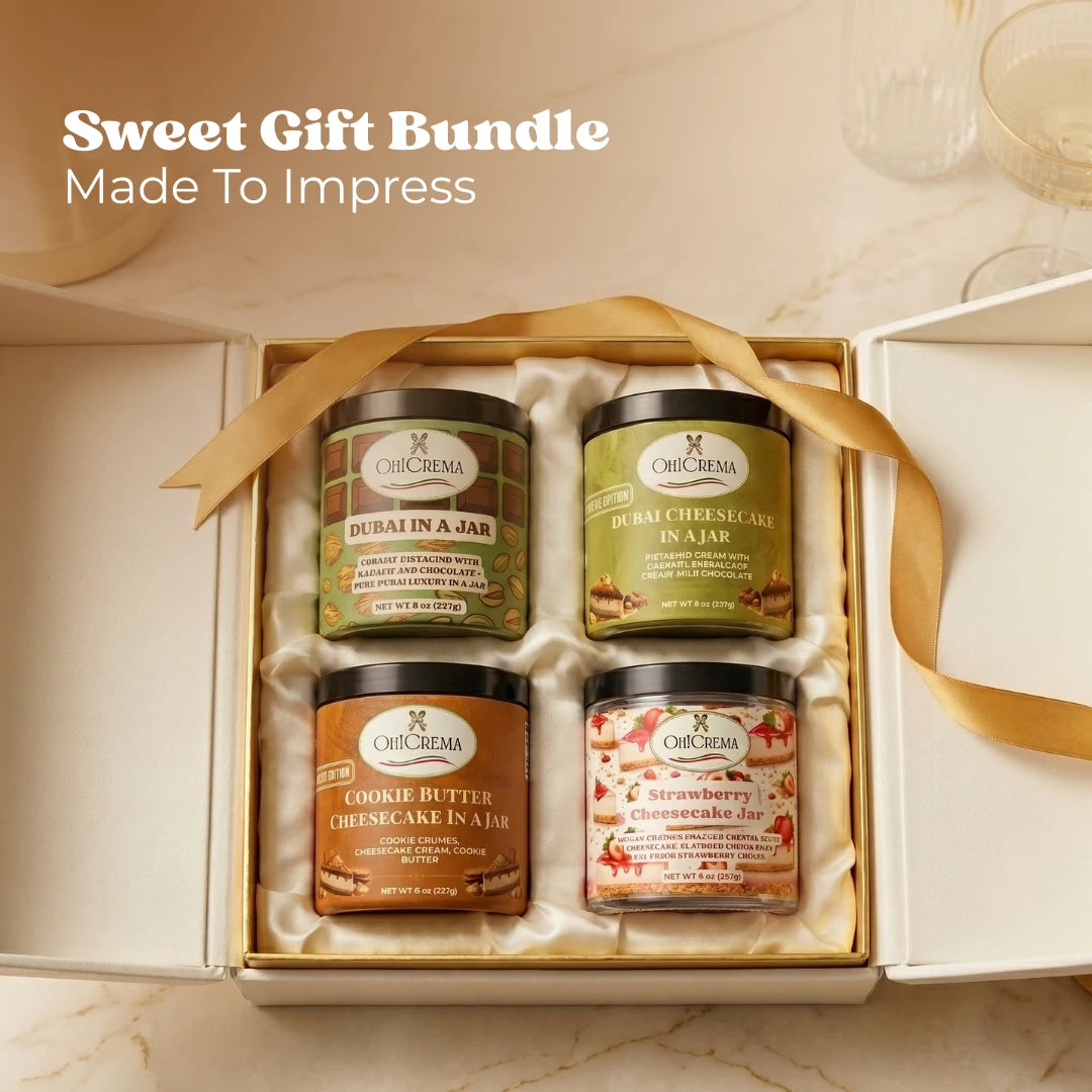 Oh! Crema Signature Bundle – 4 Gourmet Signature Jars | Dubai Pistachio, Cookie Butter, Strawberry & Chocolate