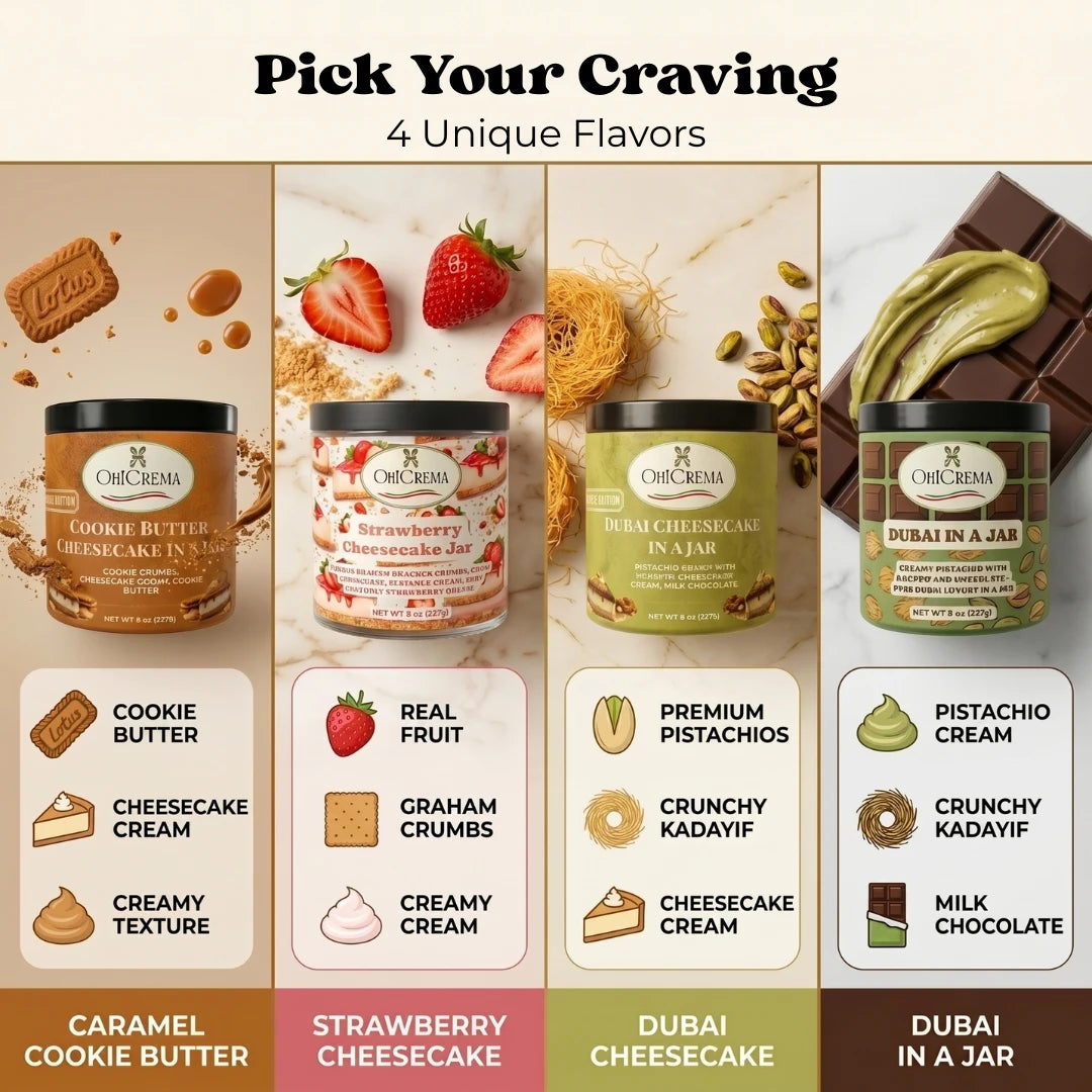 Oh! Crema Signature Bundle – 4 Gourmet Signature Jars | Dubai Pistachio, Cookie Butter, Strawberry & Chocolate
