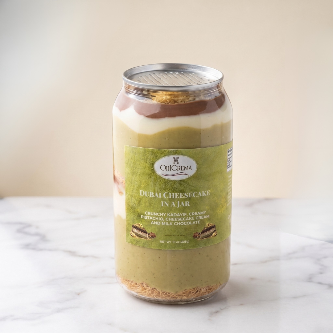 Dubai Cheesecake in a Jar — Kataifi, Pistachio & Belgian Chocolate | 10 oz